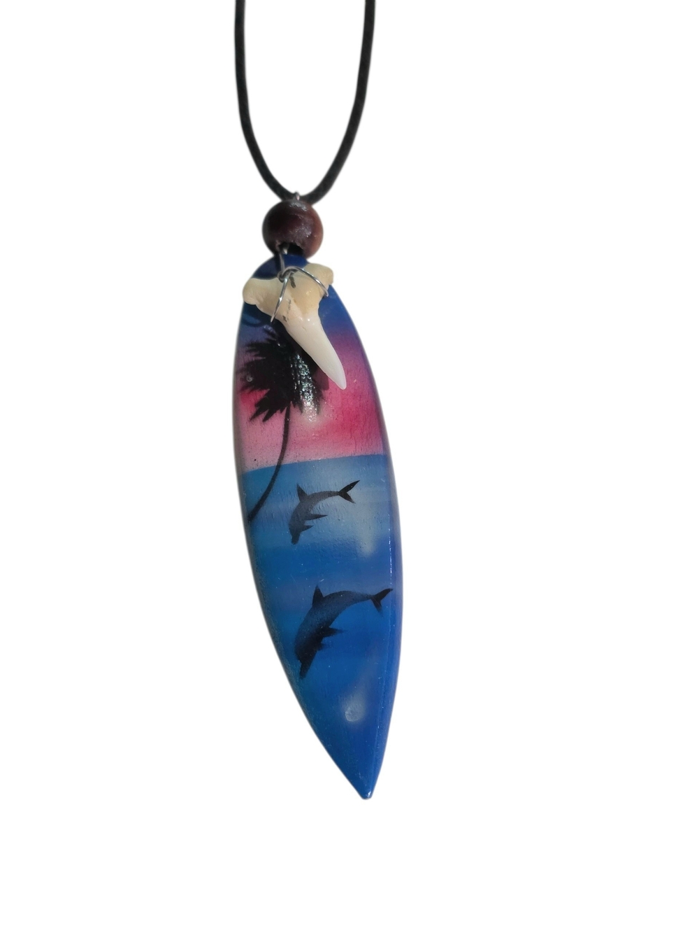 Blue & Pink Dolphin Surfboard Pendant With Shark Tooth Necklace